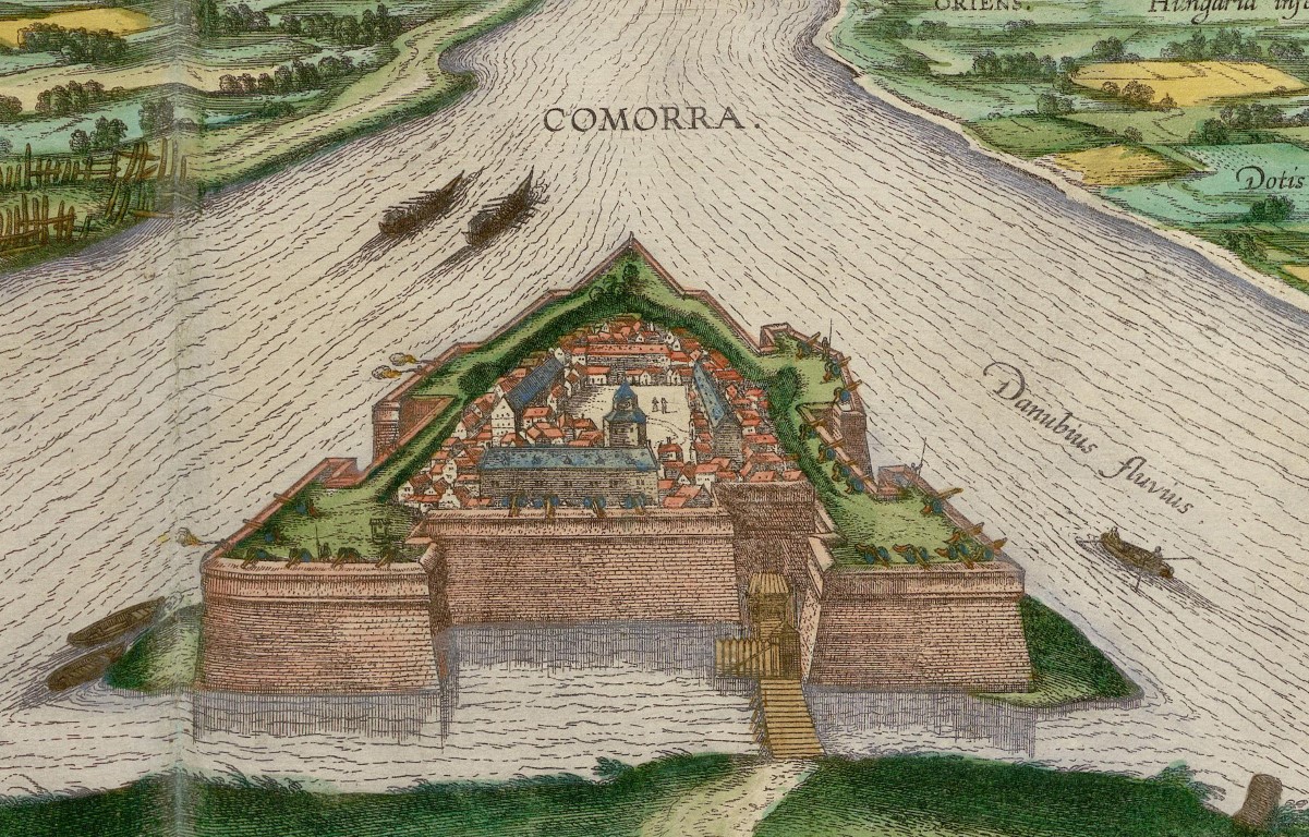 A vár 1598-ban. A kép a Civitates Orbis Terrarum könyvben jelent meg, amelyben korabeli térlépeket, és városok látképeit örökítették meg, köztük Komáromét is. Georg Braun – Frans Hogenberg rajza.